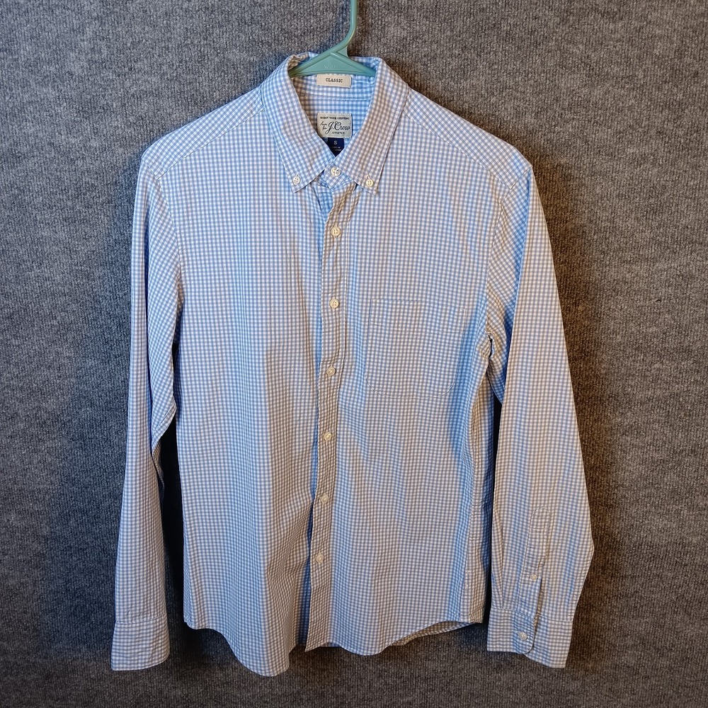 J. Crew Mens Secret Wash Stretch Classic Button Down Shirt Blue Check Small